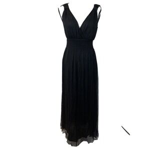 Allium B Chiffon Dress V Neck Wise Elastic Waist Black